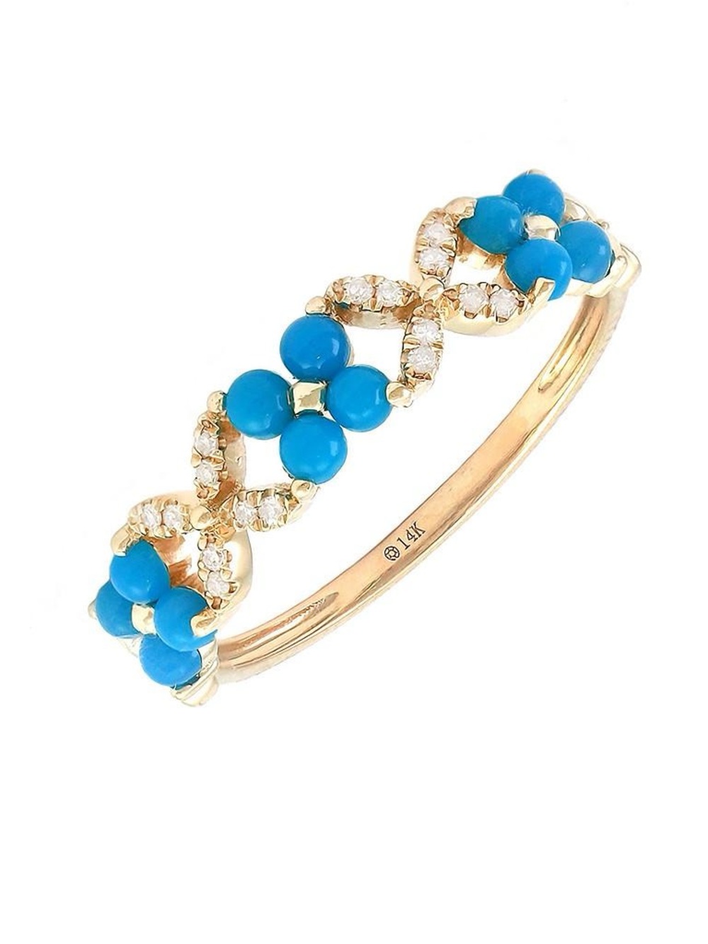14K Real Yellow Gold Round Prong Turquoise Ring And Diamond Ring Size 6.5